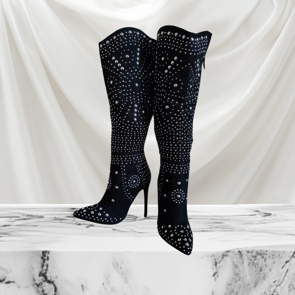 Over the Knee Boots Black with Studs Scene Women's Size 6 - Picture 3 of 8